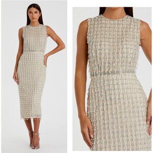 Mac Duggal Size 6 Beige 5471 Sleeveless Beaded Midi Sheath Cocktail Dress NWT